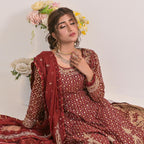 Dress Set, Elegant Maroon Chiffon Ensemble 3-Piece Set with Intricate Embroidery