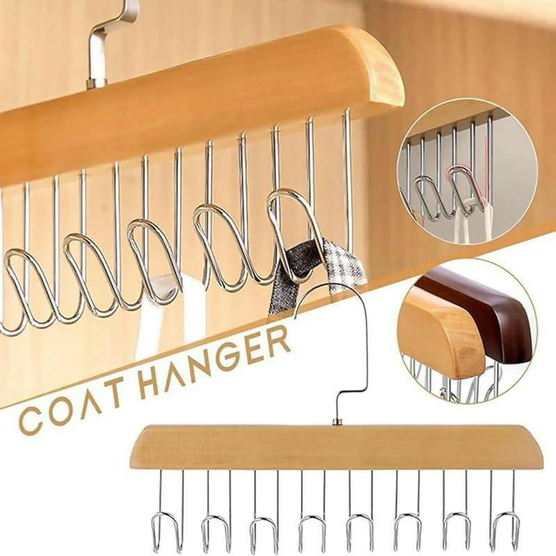 8 Hooks Wooden Clothes Hanger With Tie Rack Belt Hangers with 360°Rotating