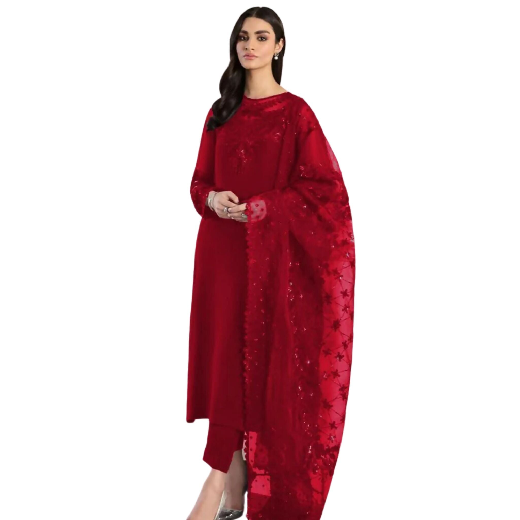 Unstitched Suit, Chiffon, Organza & Silk, Embroidered with Sequin Work Neck Patch