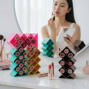 Plastic 10 Grid Lipstick Organizer with Storage Box – Makeup Holder for Lipsticks & Cosmetics – With Box (Random Color)