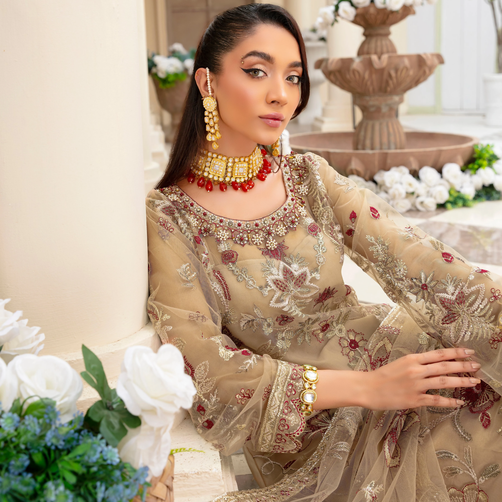 Unstitched Suit, Net Organza Embroidered & Hand-Embellished Dupatta, for Women