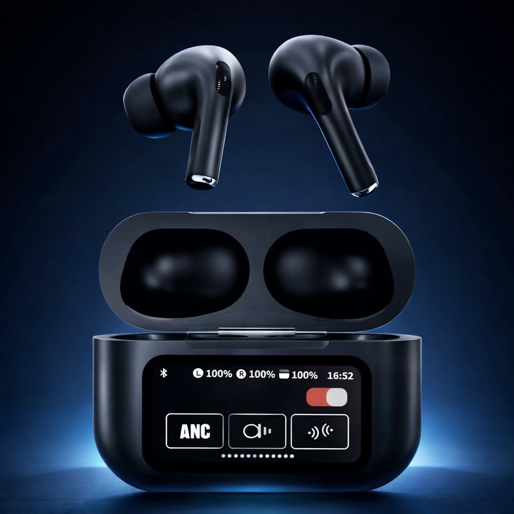 AirPods X Digital Touch Screen Wireless Earbuds – Black Edition | Smart Display Charging Case | Bluetooth Earphones | Touch Control