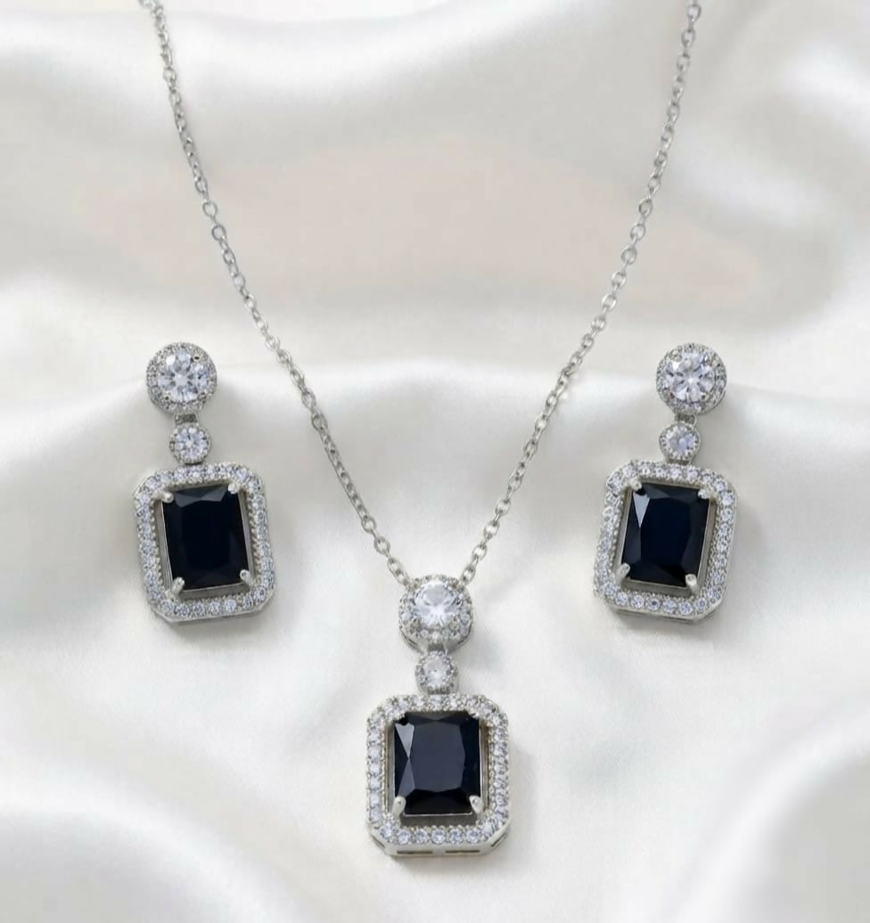 Chain Locket And Earrings Set With Cubic Zirconia Square Stone Elegant Jewelry "GREEN GOLDEN"