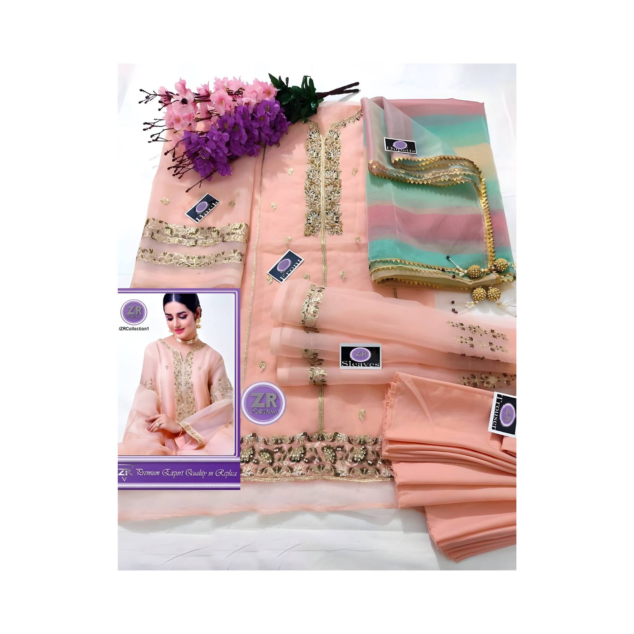 Unstitched Suit, Organza Malai Ensemble & Embroidered Front, Zari Sleeves