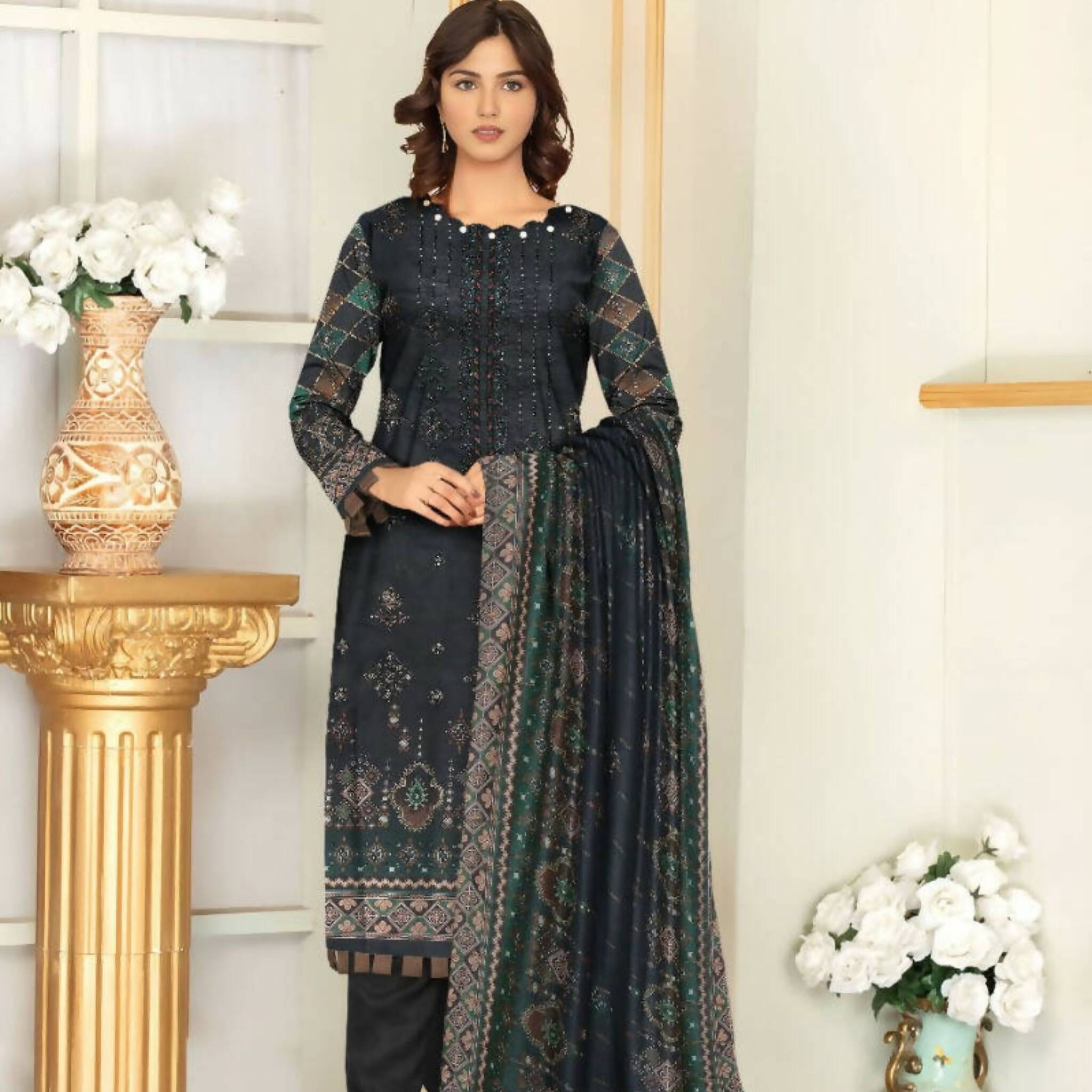 Dress, Embroidered Shirt, Lawn Trouser & Chiffon Dupatta - 3-Piece Set, for Women
