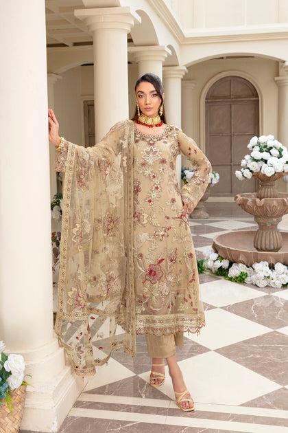 Unstitched Suit, Net Organza Embroidered & Hand-Embellished Dupatta, for Women