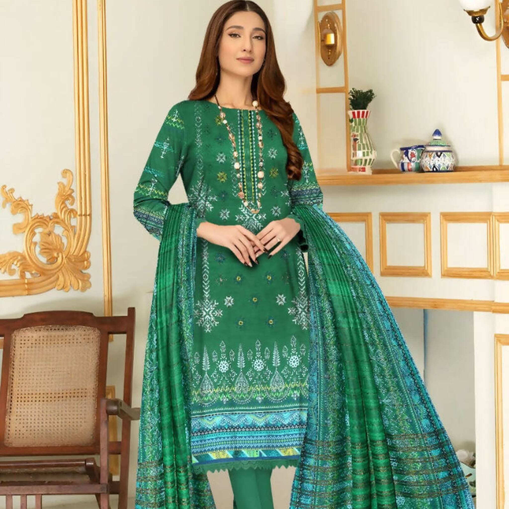 Dress, Embroidered Shirt, Lawn Trouser & Chiffon Dupatta - 3-Piece Set, for Women