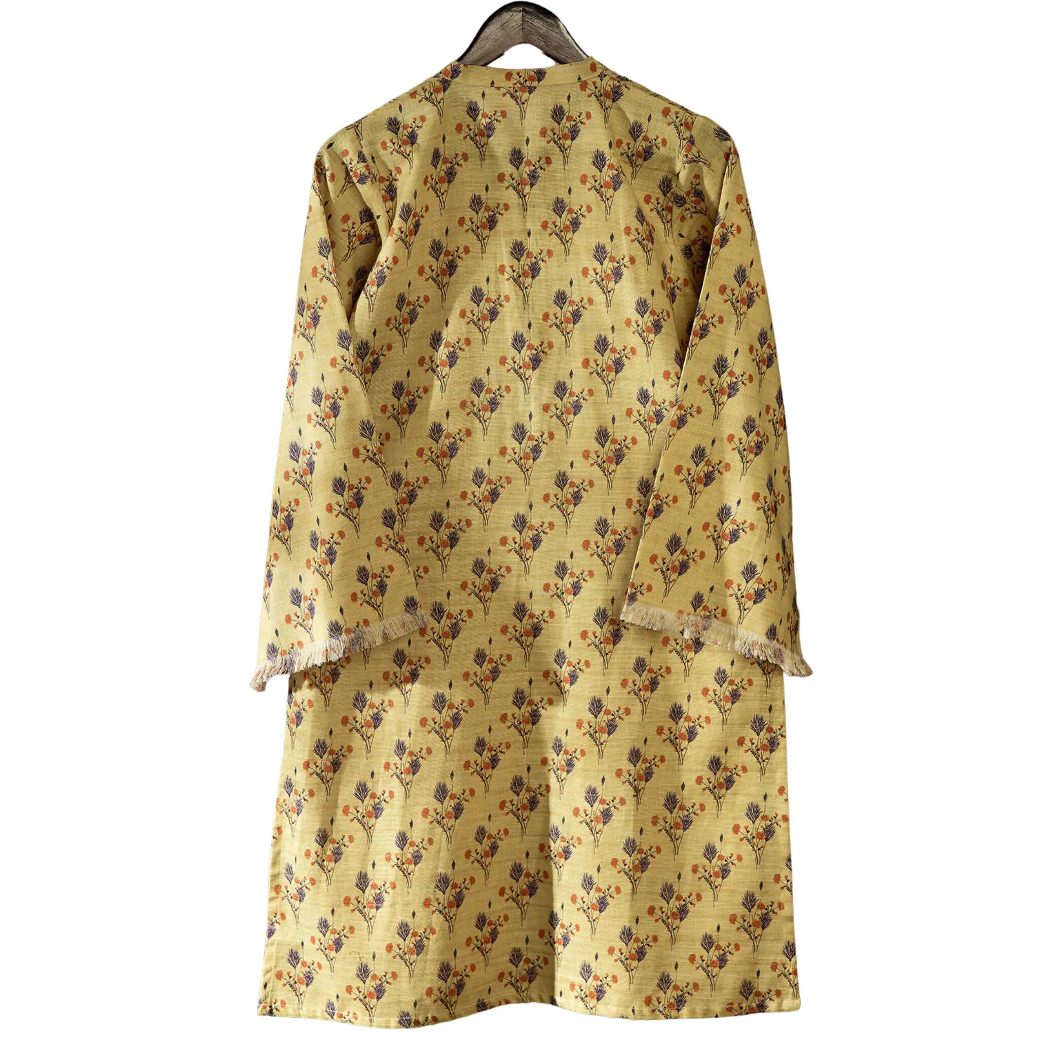 Khaddar Greenish Beige Shirt, Charming Floral Print, Orange Lace Accents, for Women