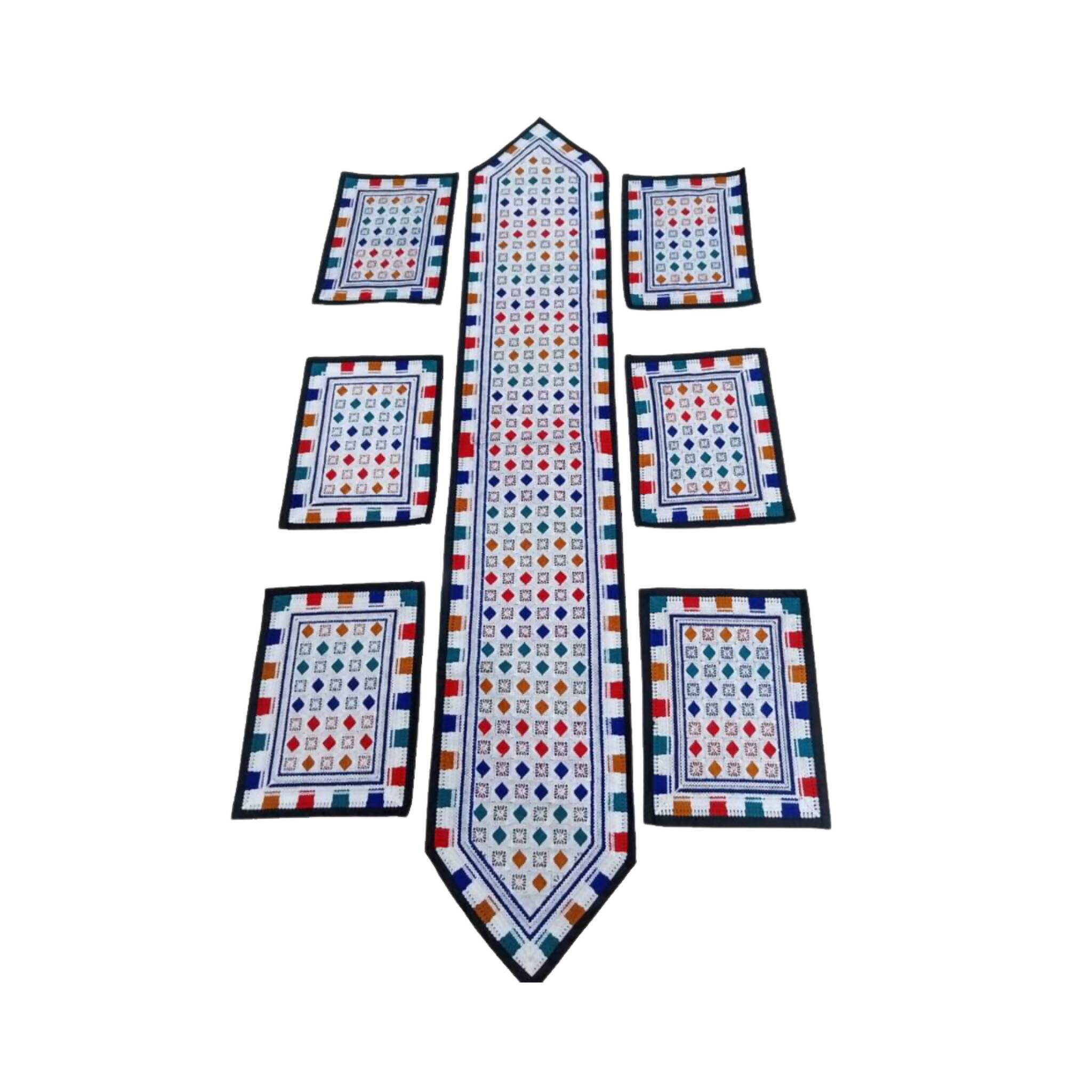 Table Runner Set, Handmade Ari Work with 6 Table Mats Patchwork Design & 7-Piece Ensemble