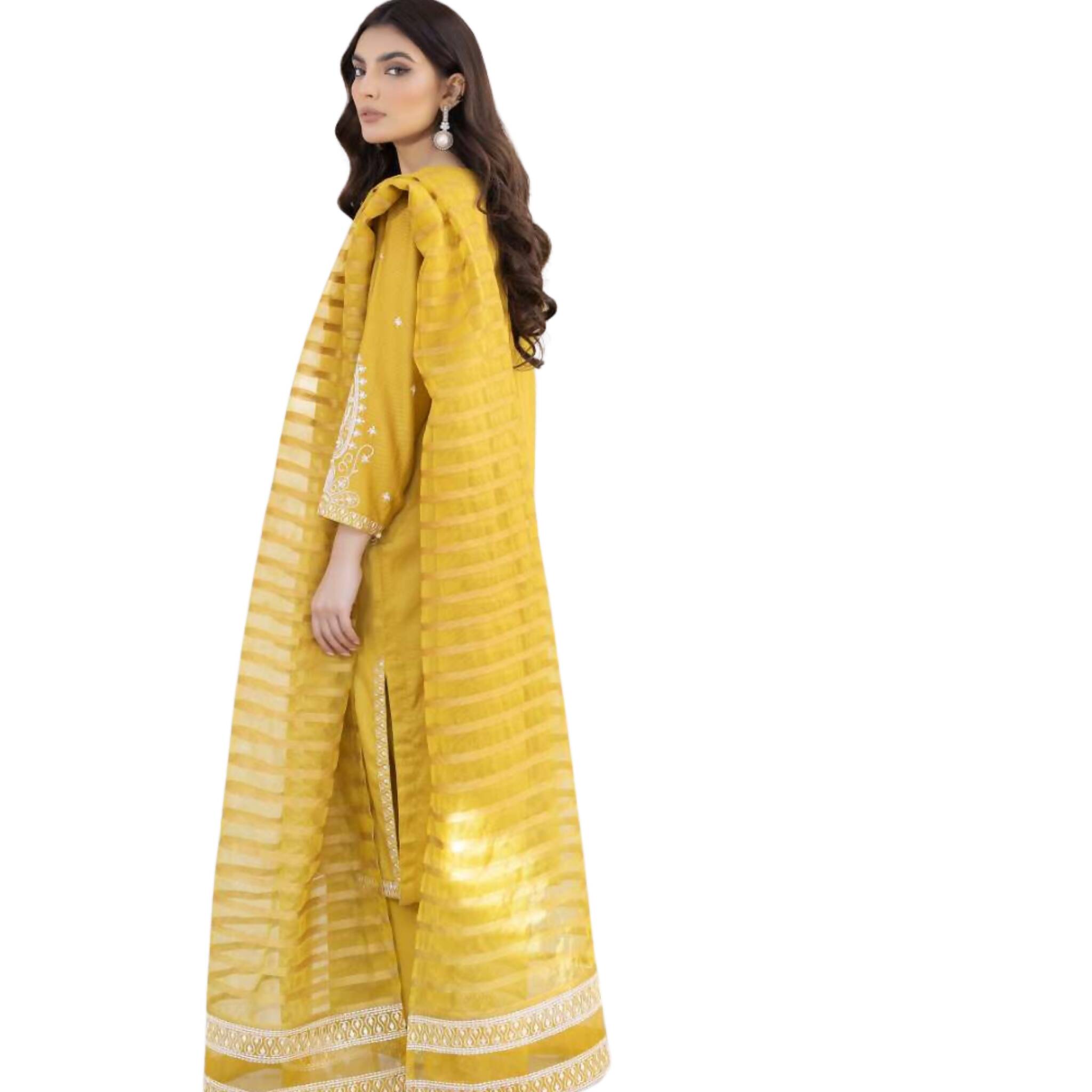 3-Piece Suit, Mustard Elegant Ensemble in Fine Lawn & Cambric Cotton