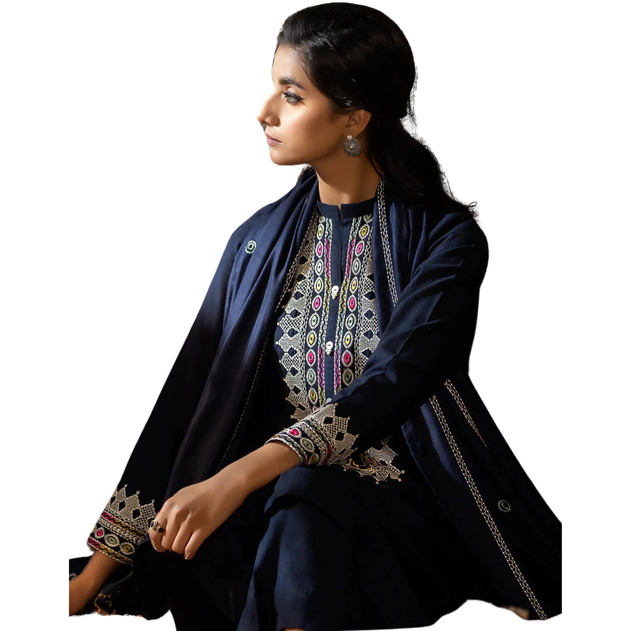 Suit, Embroidered 3Pc Ensemble with Pearls & Shell Buttons, Traditional-Contemporary Fusion