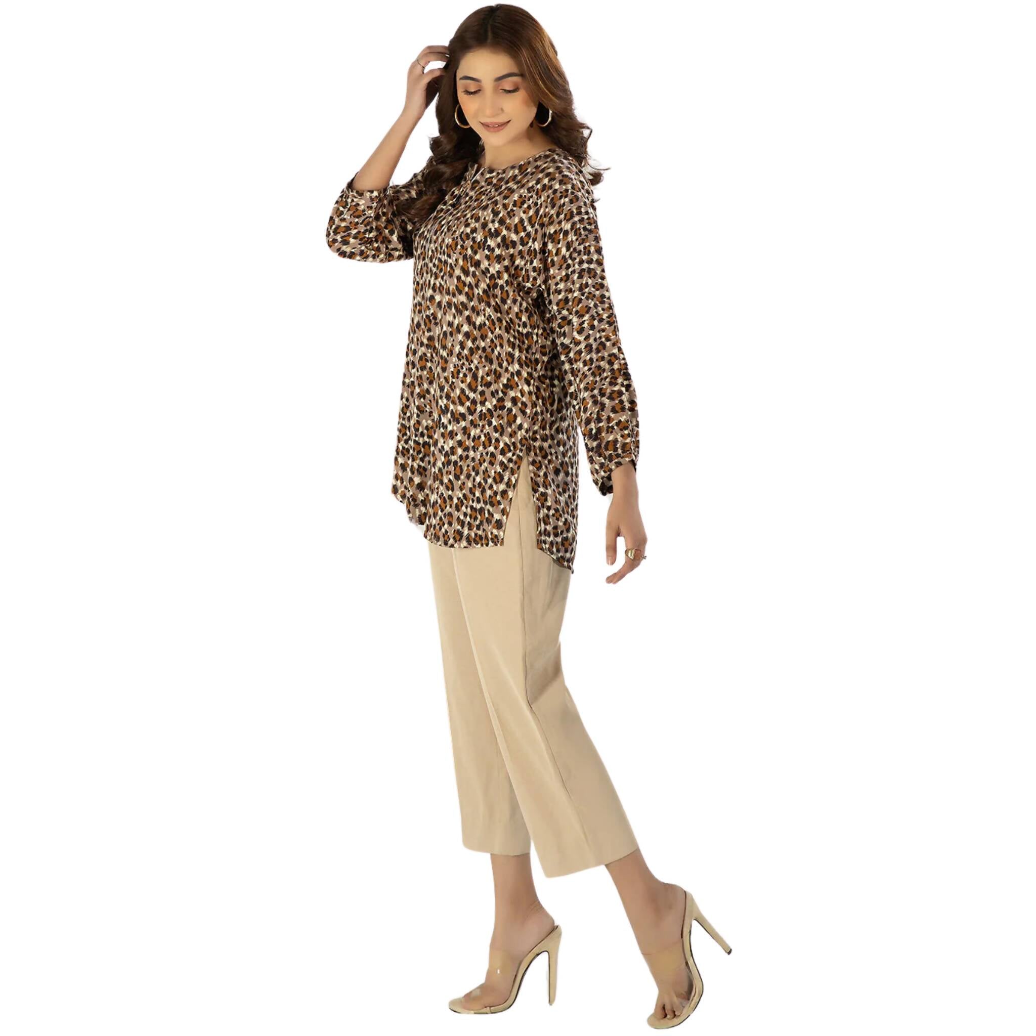 Shirt, Baggy Linen Cheetah Print with Golden Zip Beaded Detailing, for Women