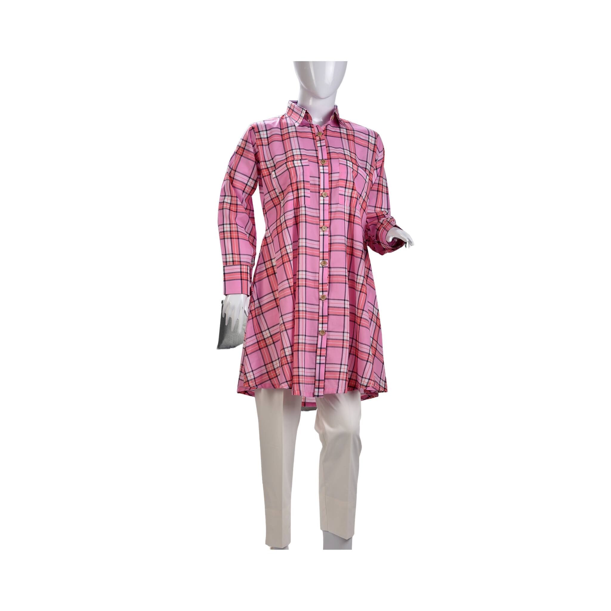 Shirt, Bright Taffy Pink & Checkered Lawn Cotton, for Women