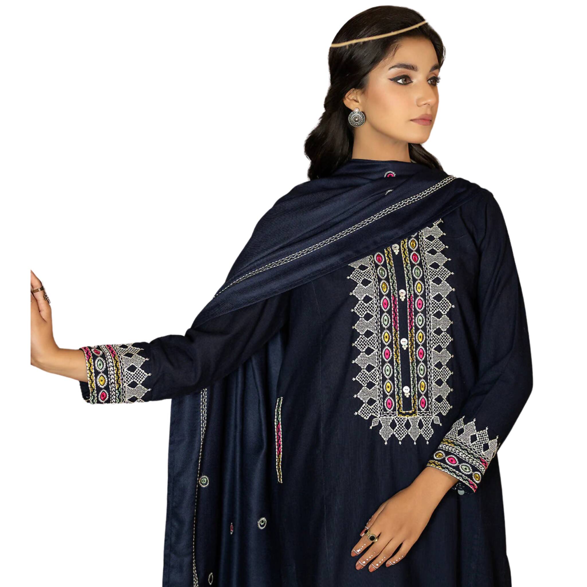 Suit, Embroidered 3Pc Ensemble with Pearls & Shell Buttons, Traditional-Contemporary Fusion