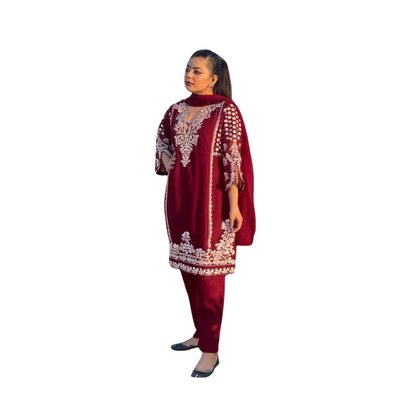 Stitched Suit, V Neck Embroidered Shirt With Inner & Plain Dupatta, for Women