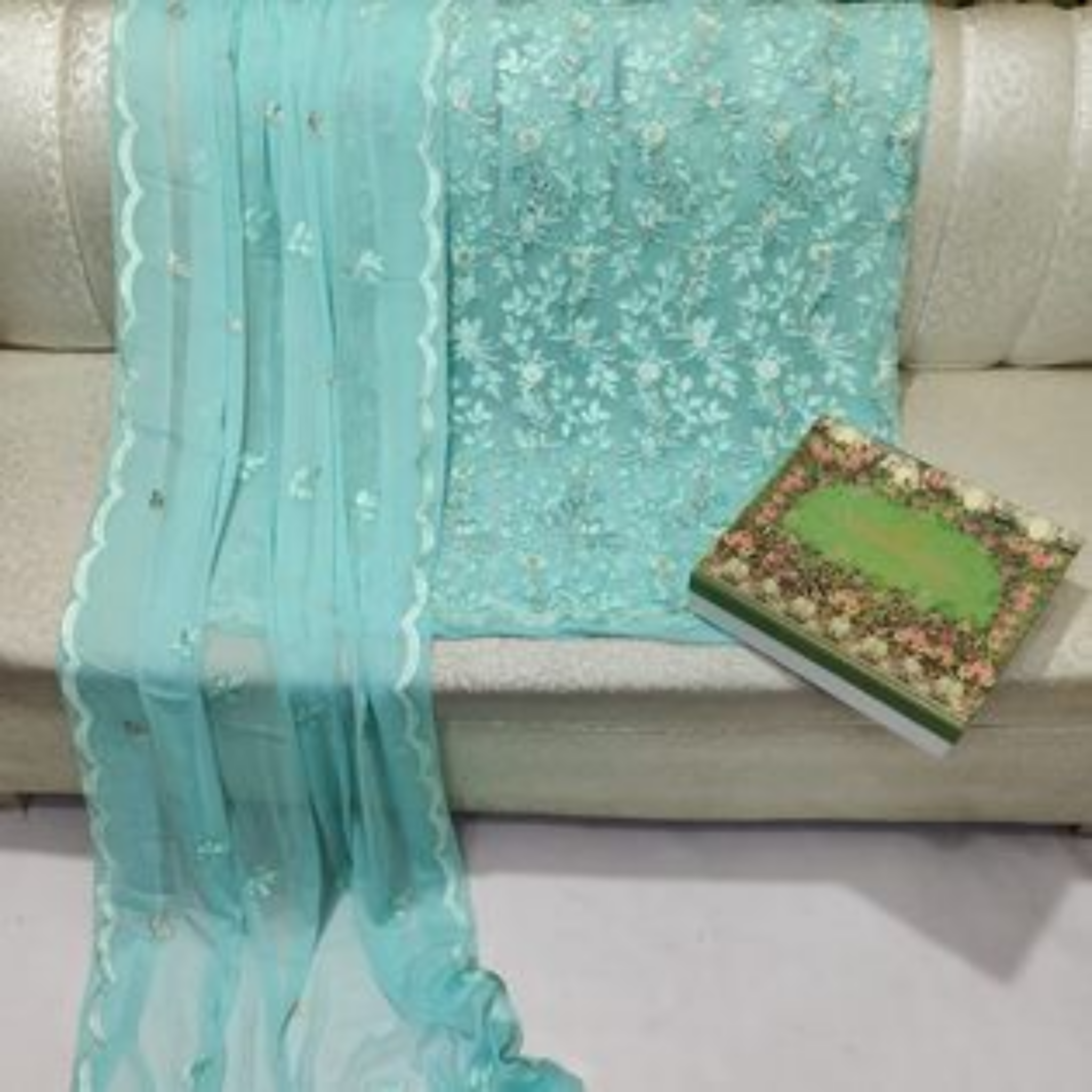 Unstitched Suit, Embroidered with Full Jall Shirt in Soft Chiffon , for Women