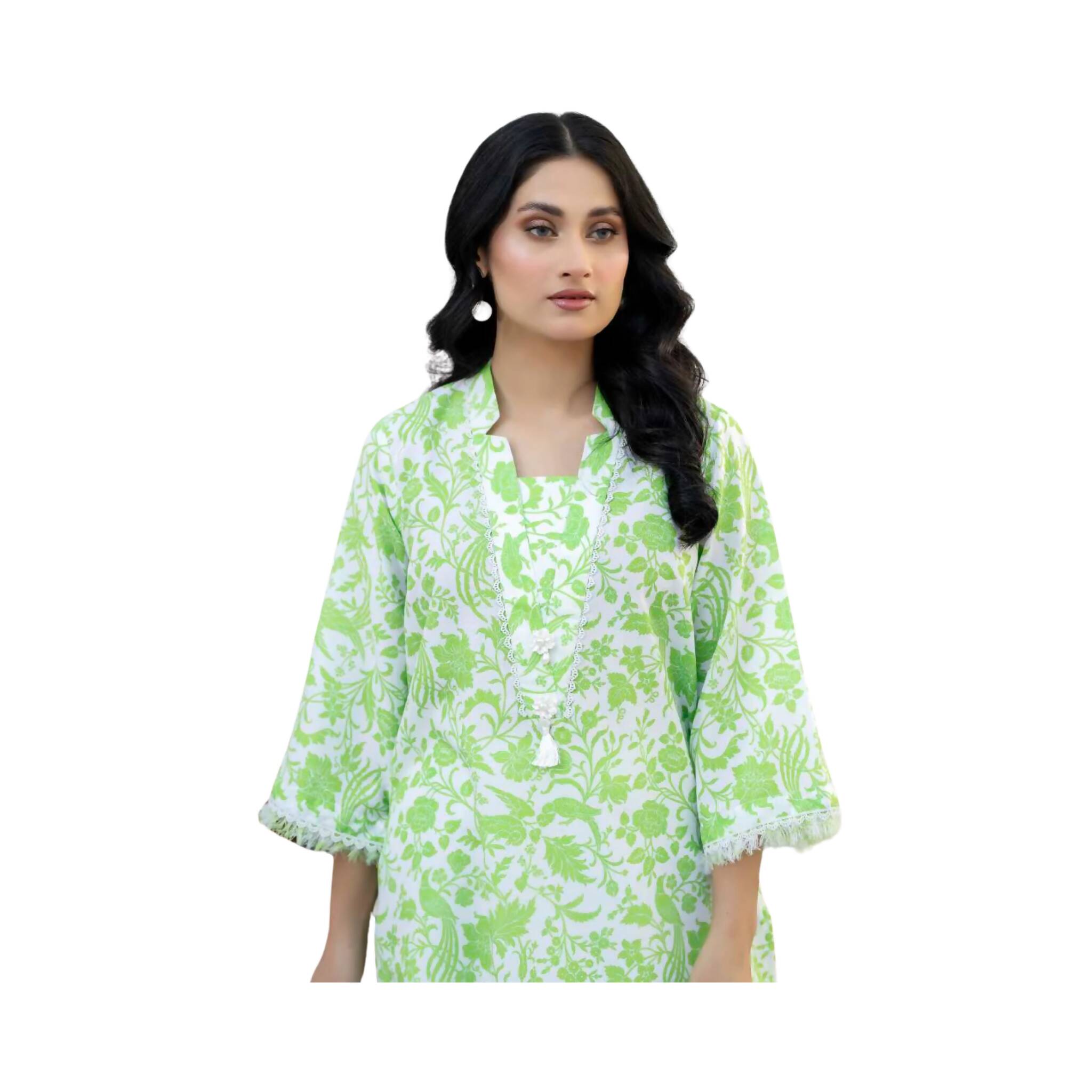 Shirt, Lively Green Ethnic Printed Viscose Lawn & Stylish Summer Fashion