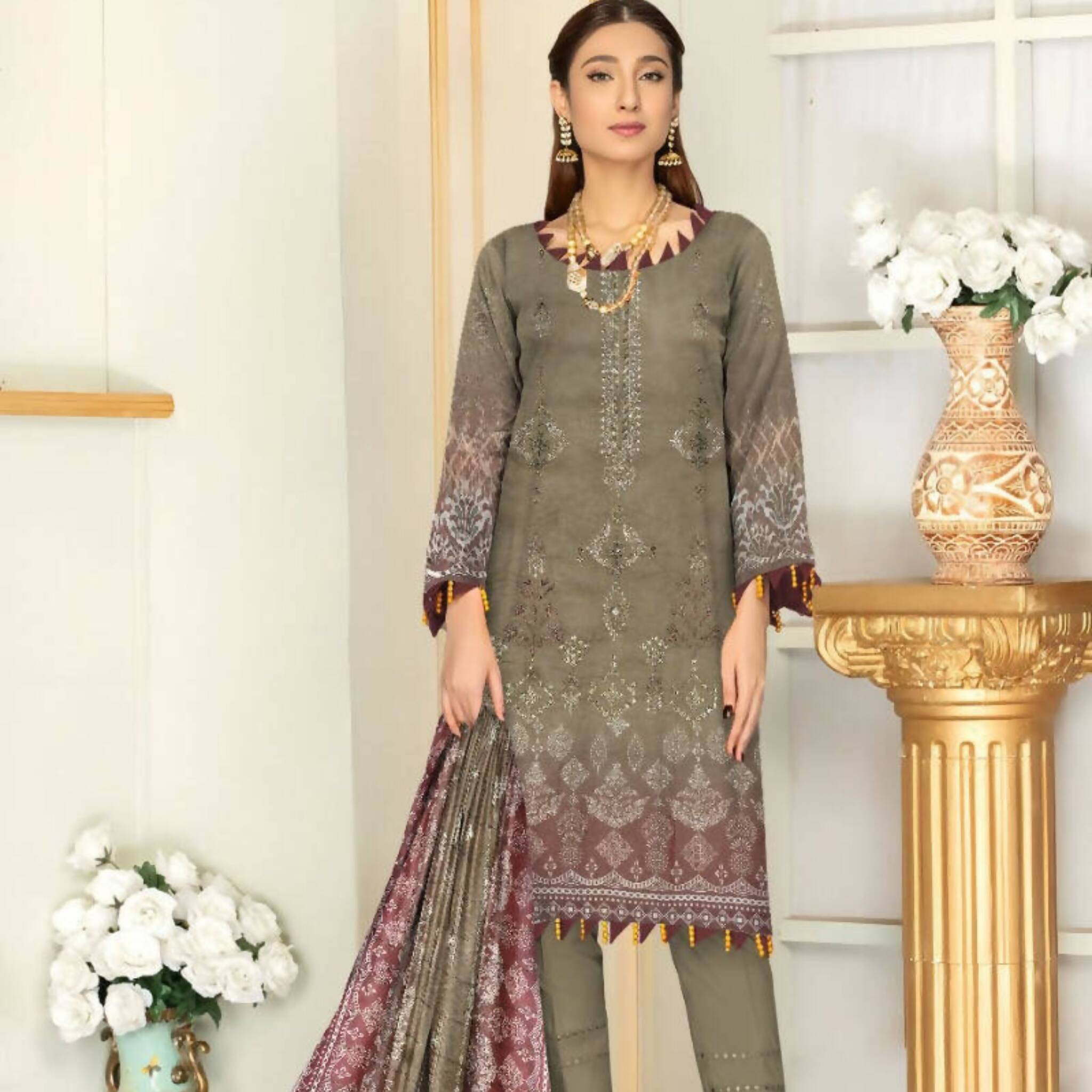 Dress, Embroidered Shirt, Lawn Trouser & Chiffon Dupatta - 3-Piece Set, for Women
