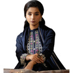 Suit, Embroidered 3Pc Ensemble with Pearls & Shell Buttons, Traditional-Contemporary Fusion