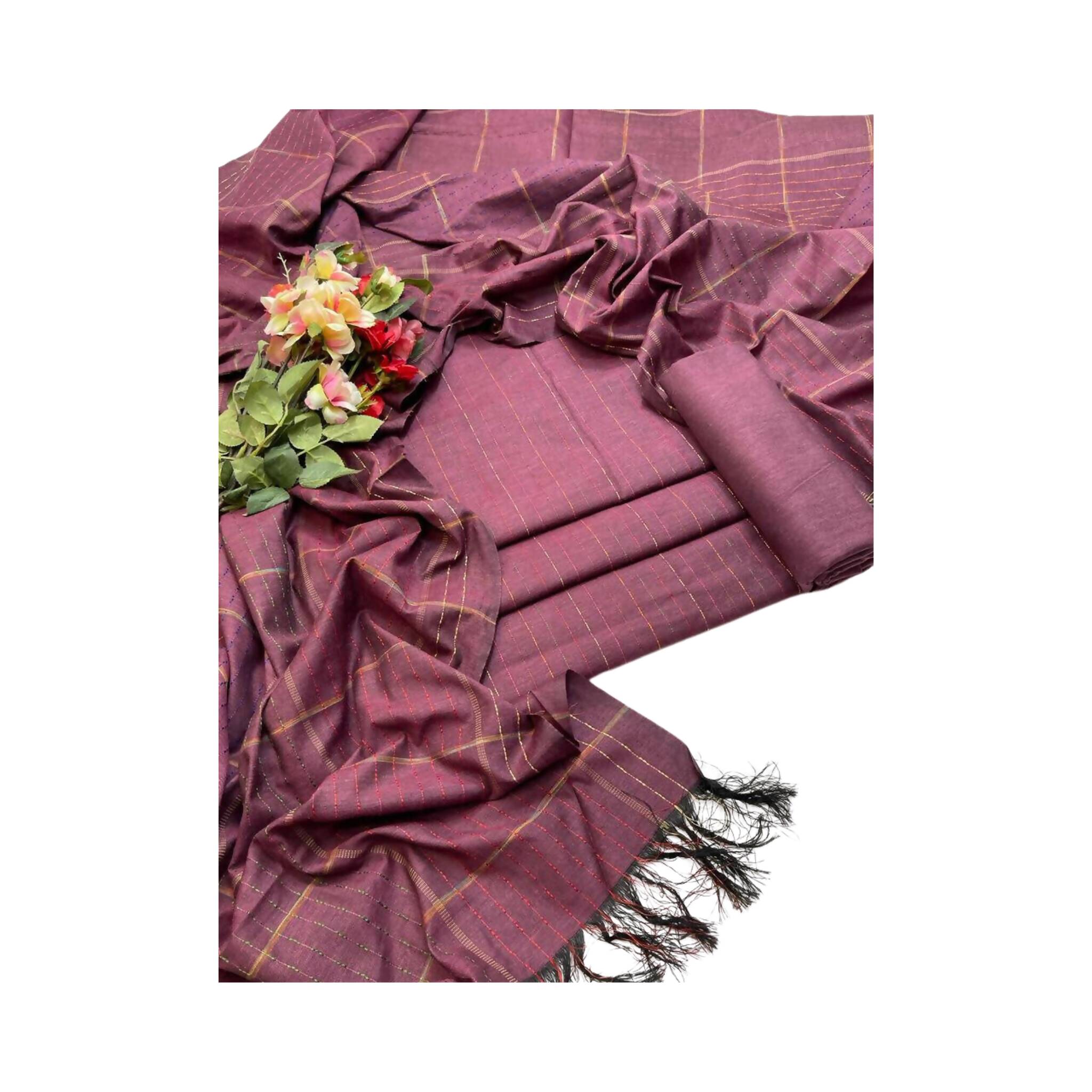 Unstitched Suit, Plain Shirt, Designer Trouser & Check Khaddar Dupatta, for Women