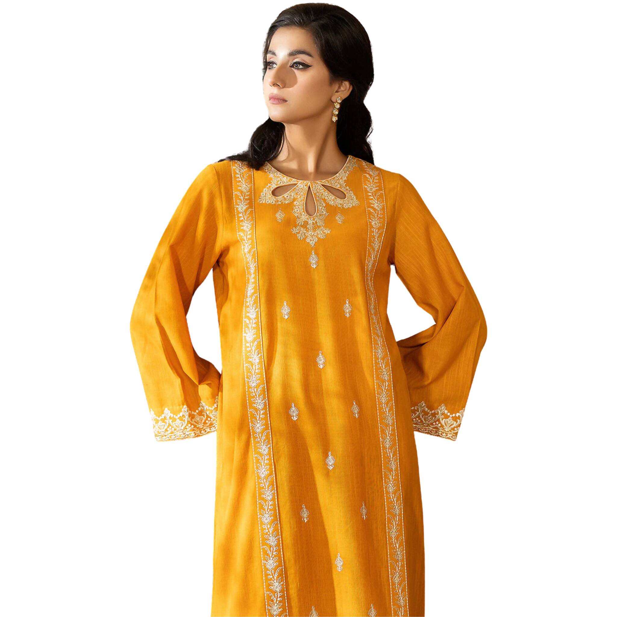 Suit, Mustard Embroidered 2Pc & Elegant Keyhole Neckline, for Stylish Sophistication
