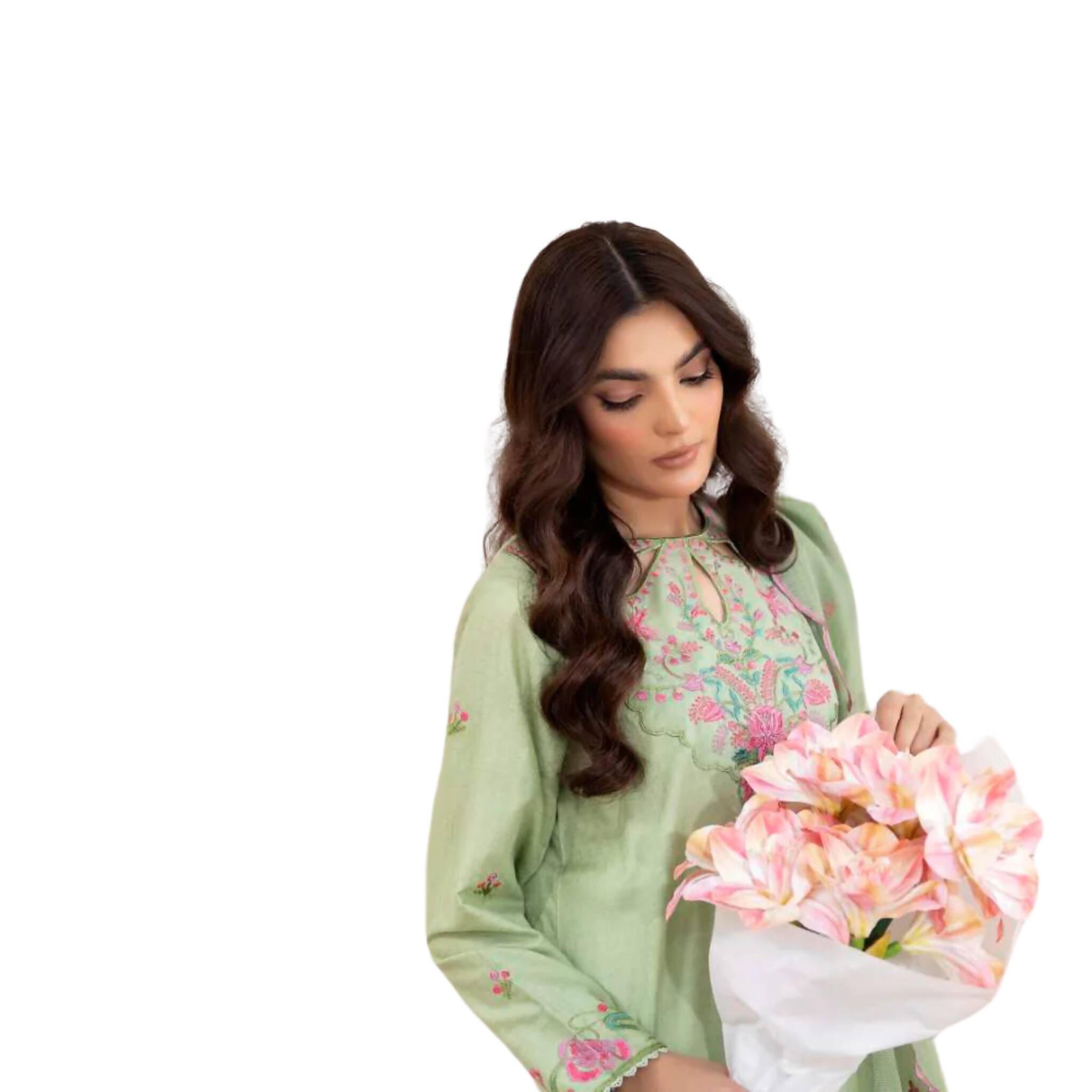 3 Piece Suit, Green Breathable Elegance in Fine Lawn & Cambric Cotton