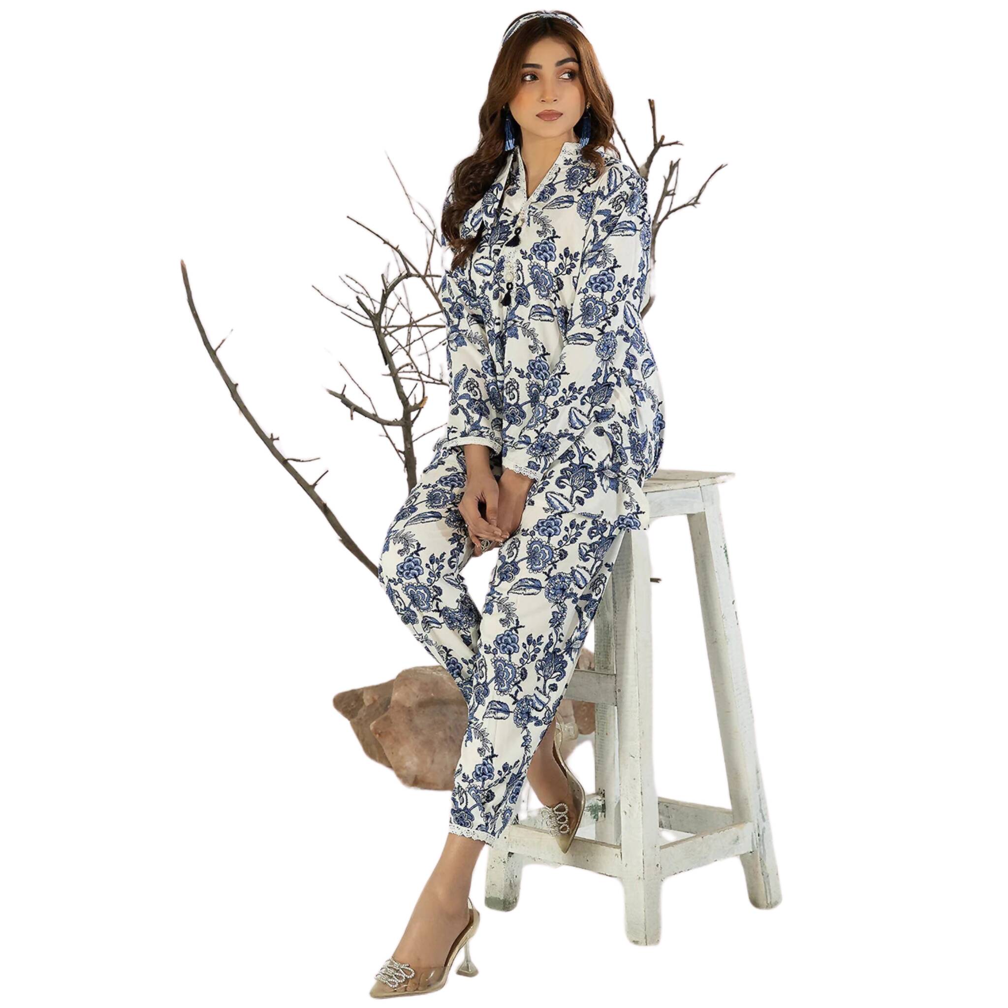 Co-ord Set, Sophisticated 2-Piece Linen & Ensemble in Blue Print, for Women