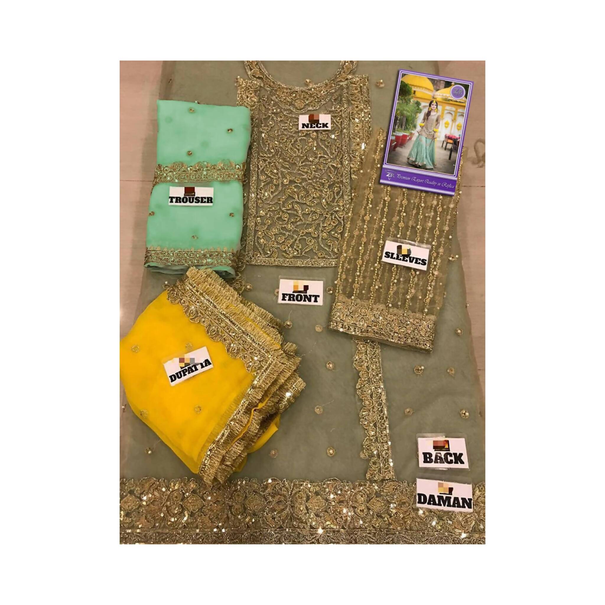 Stitched Suit, Net Dori Work Wedding Wear Embroidered Shirt, Dupatta, Palazzo, for Women