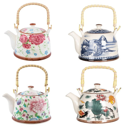 Porcelain Tea Kettle, Vibrant Elegance Multicolored Ceramic Teapot with Rattan Handle