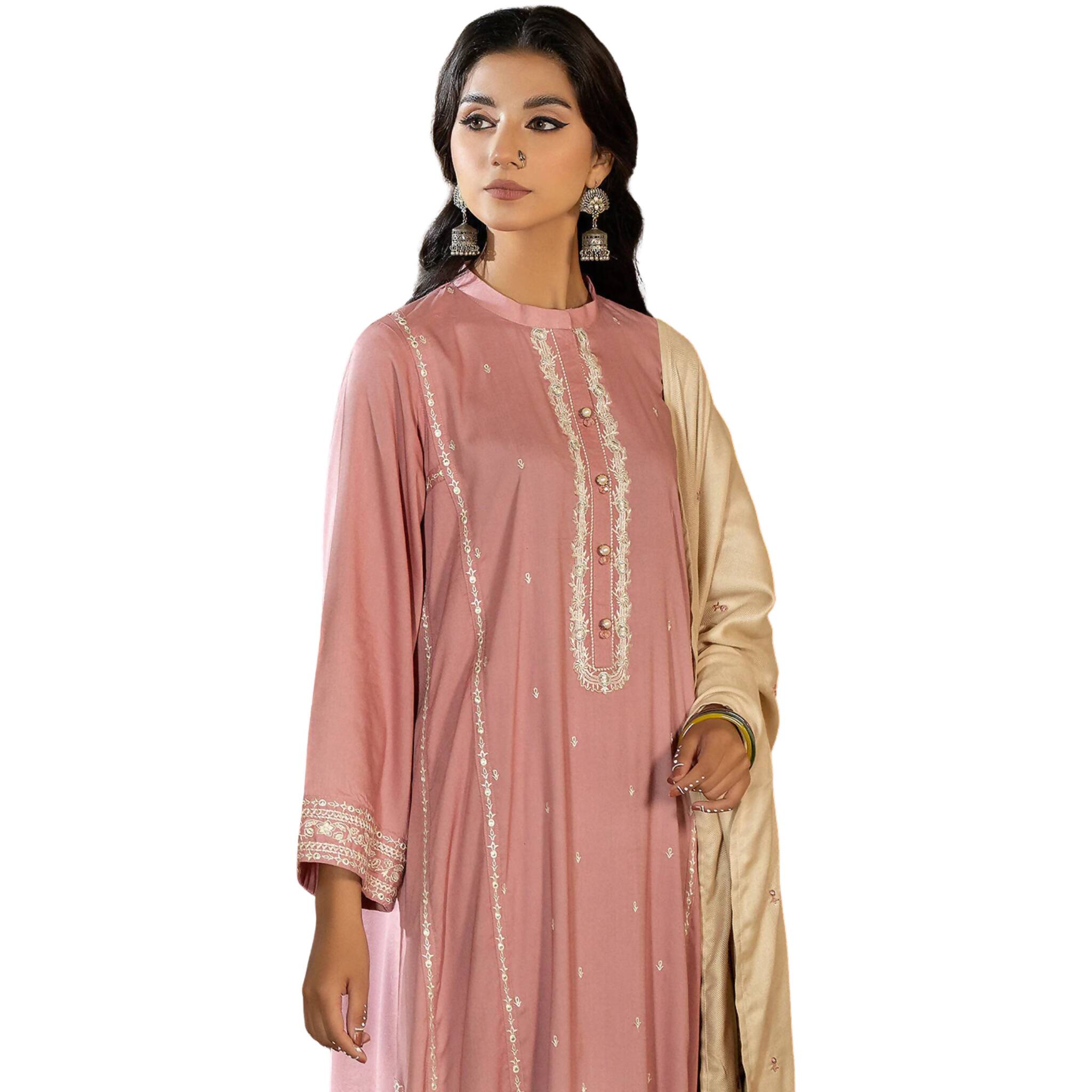 Suit, Embroidered 3Pc High-Quality Viscose Fabric with Delicate & Pearl Buttons