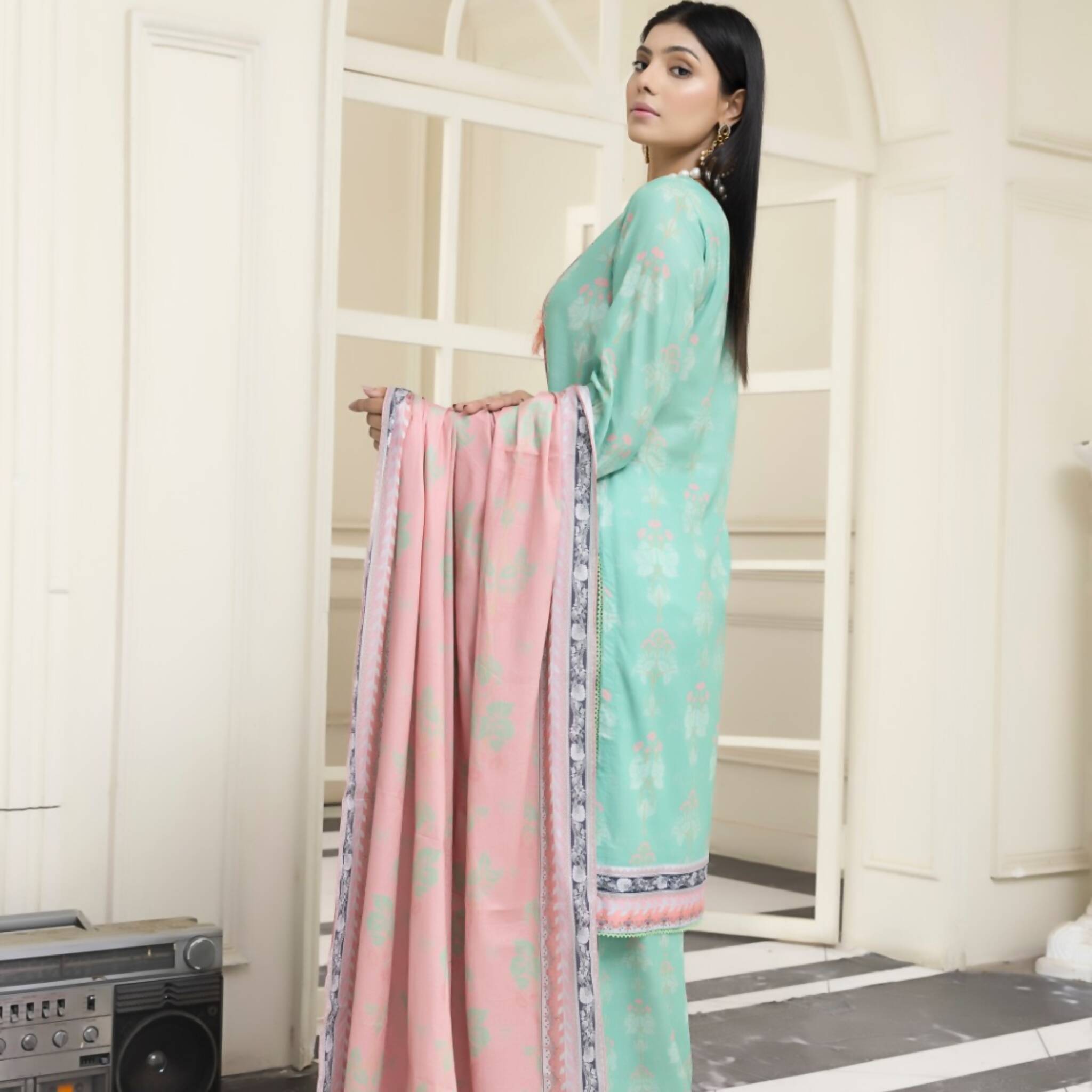 Unstitched Suit, Beach Glass 3-Piece Printed Lawn & Serene Elegance in Every Thread