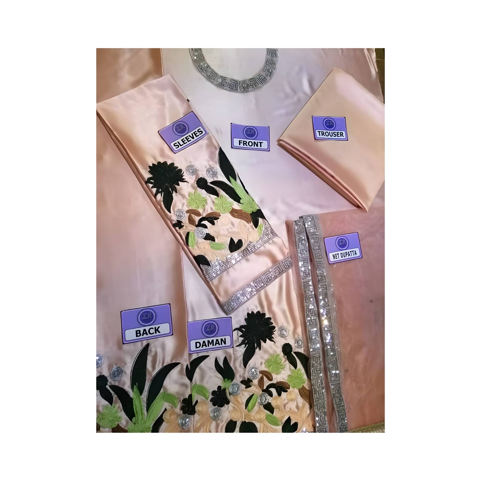 Unstitched Suit, Silk & Net Ensemble, Elegant Embroidery & Colorful Florals