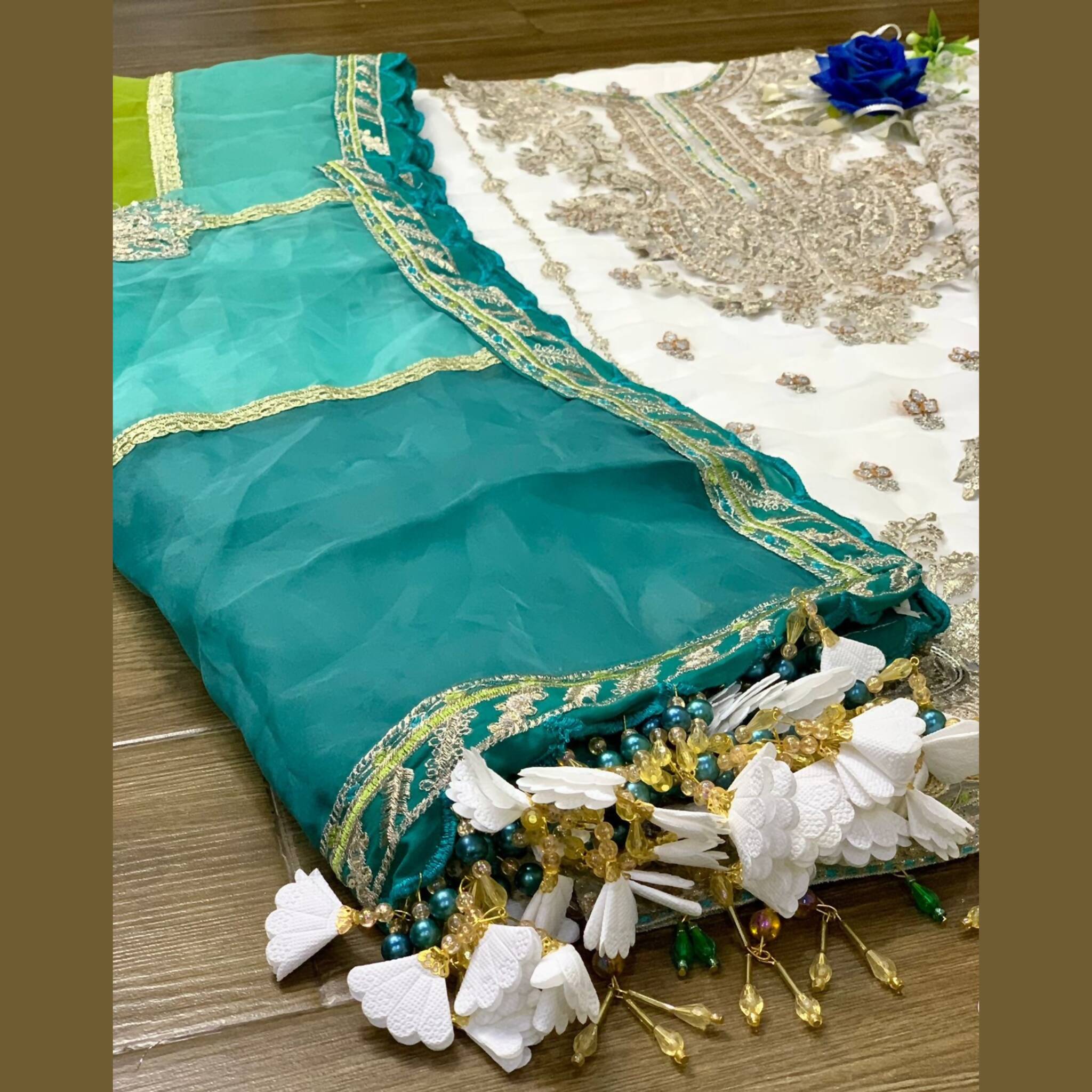 Unstitched Suit, Embroidered Spangle Work with Organza 3-Tone Dupatta, for Women