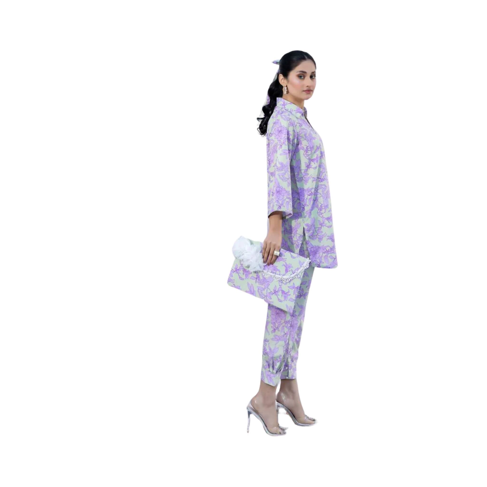 Suit, Chic and Elegant Two-Piece Lilac Viscose Lawn Shirt & Trouser Set