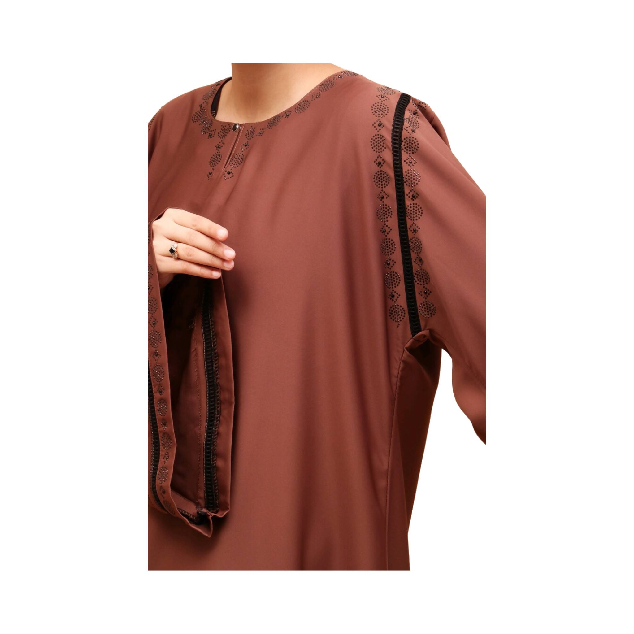 Abaya, Lace Detailing, Round Neck with Button-Through Opening, for Women