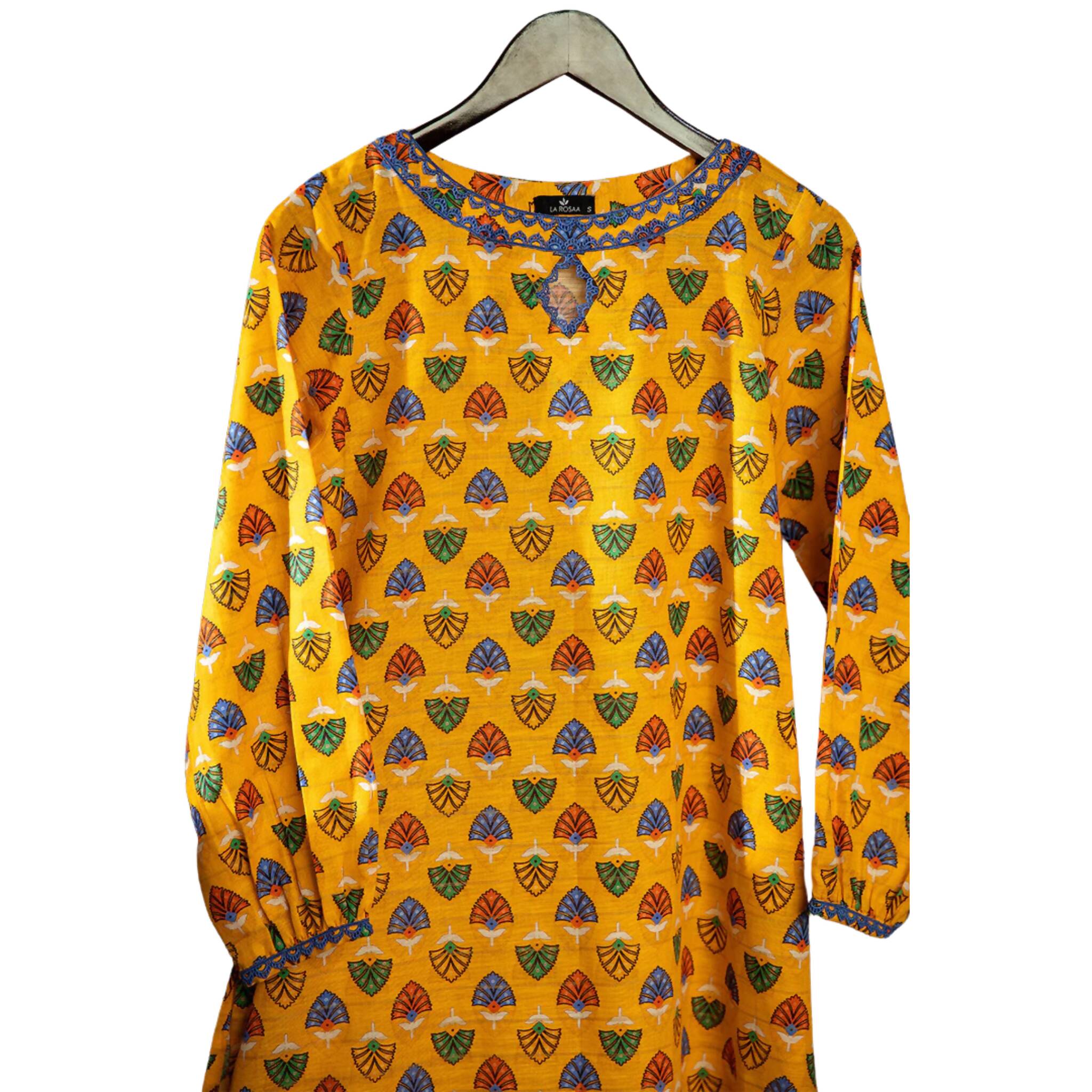 Distinctive Khaddar Shirt, Yellow-Green-Blue Motif, Keyhole Neckline, for Women
