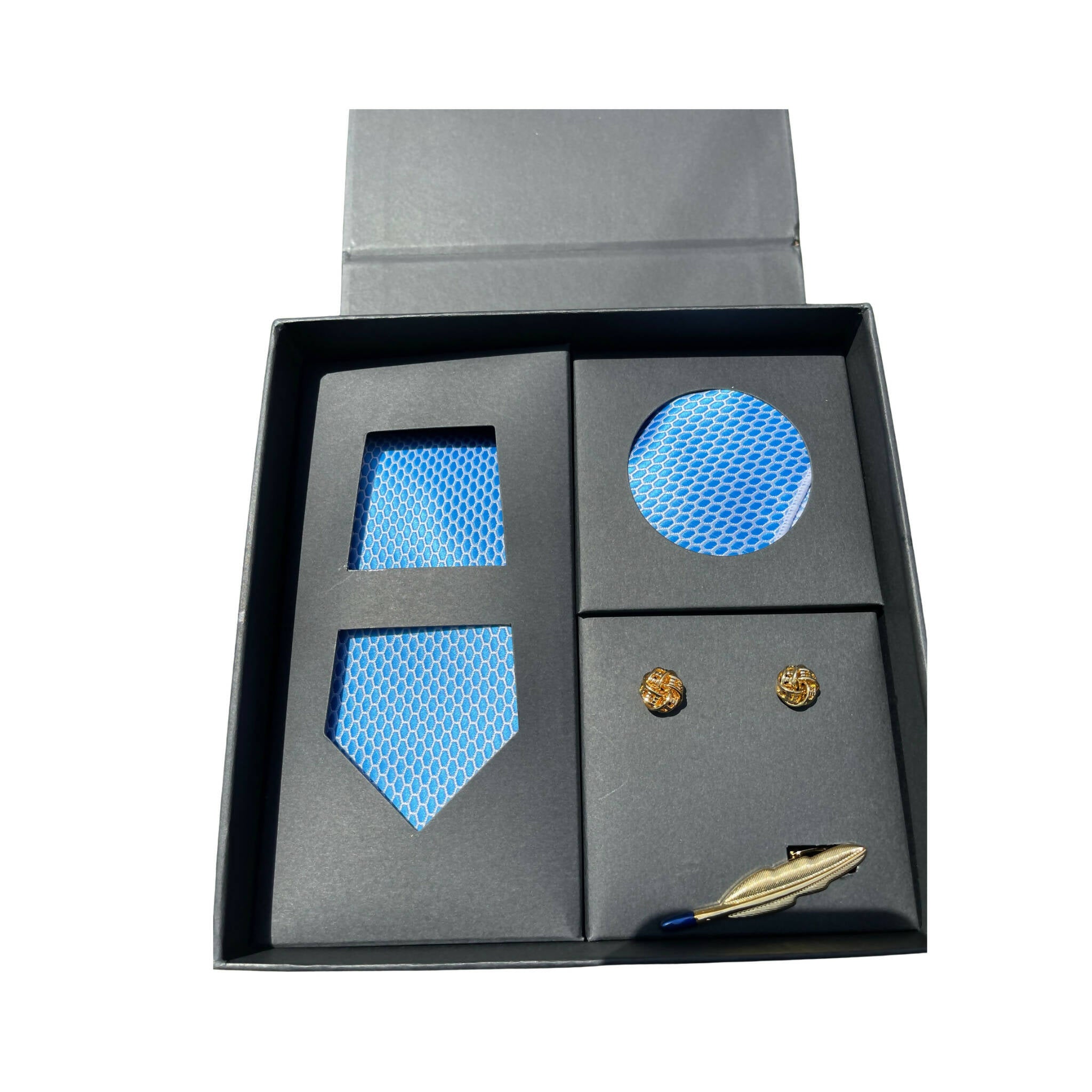 Tie Set, Light Blue 4 Pieces with Cufflinks & Clip by Don Louis