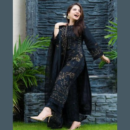 Unstitched Suit, Embroidered Sequin Elegance with Chiffon Dupatta