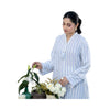 Shirt, Chic White & Blue Striped Cotton Lawn with Frayed Sleeves & Tassel