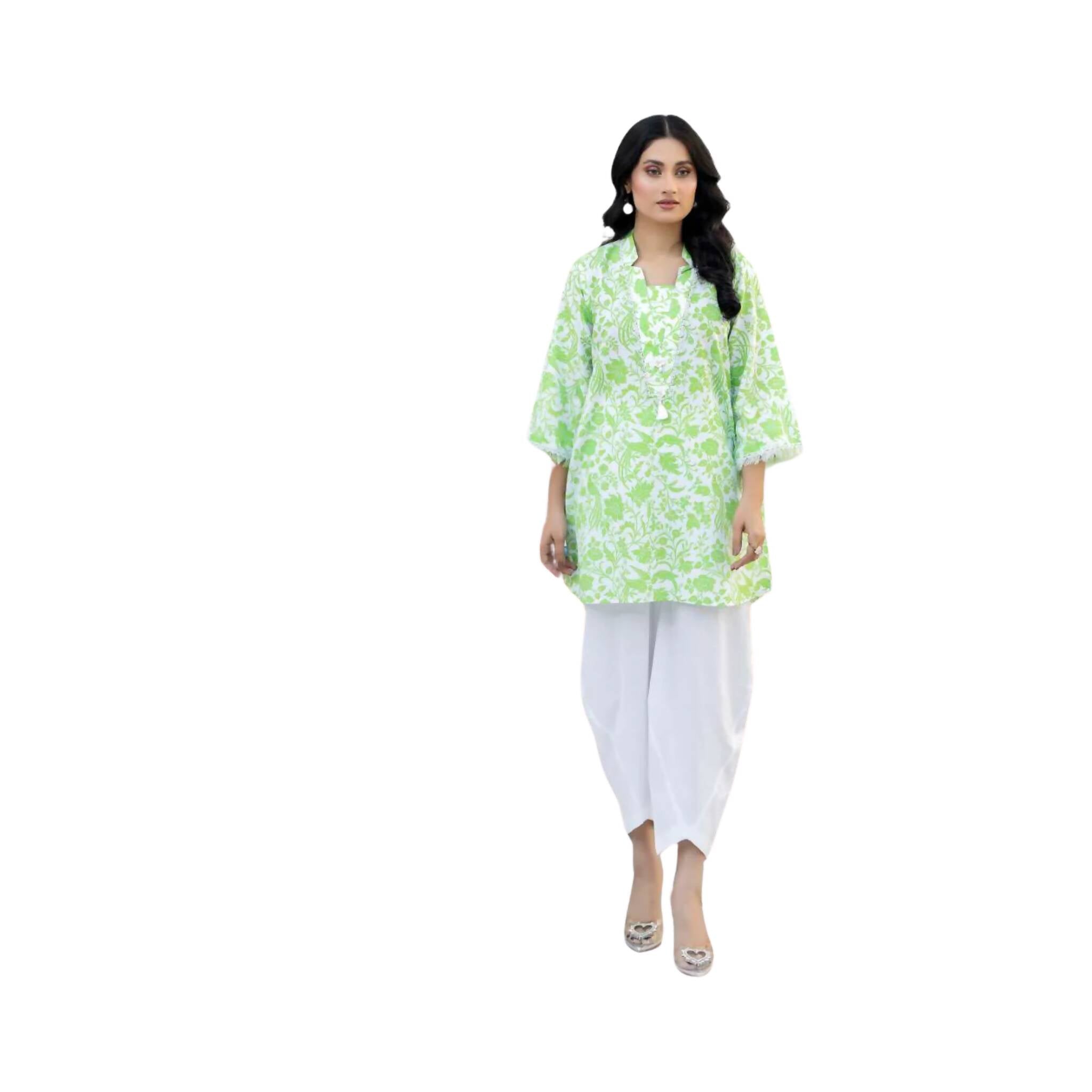 Shirt, Lively Green Ethnic Printed Viscose Lawn & Stylish Summer Fashion