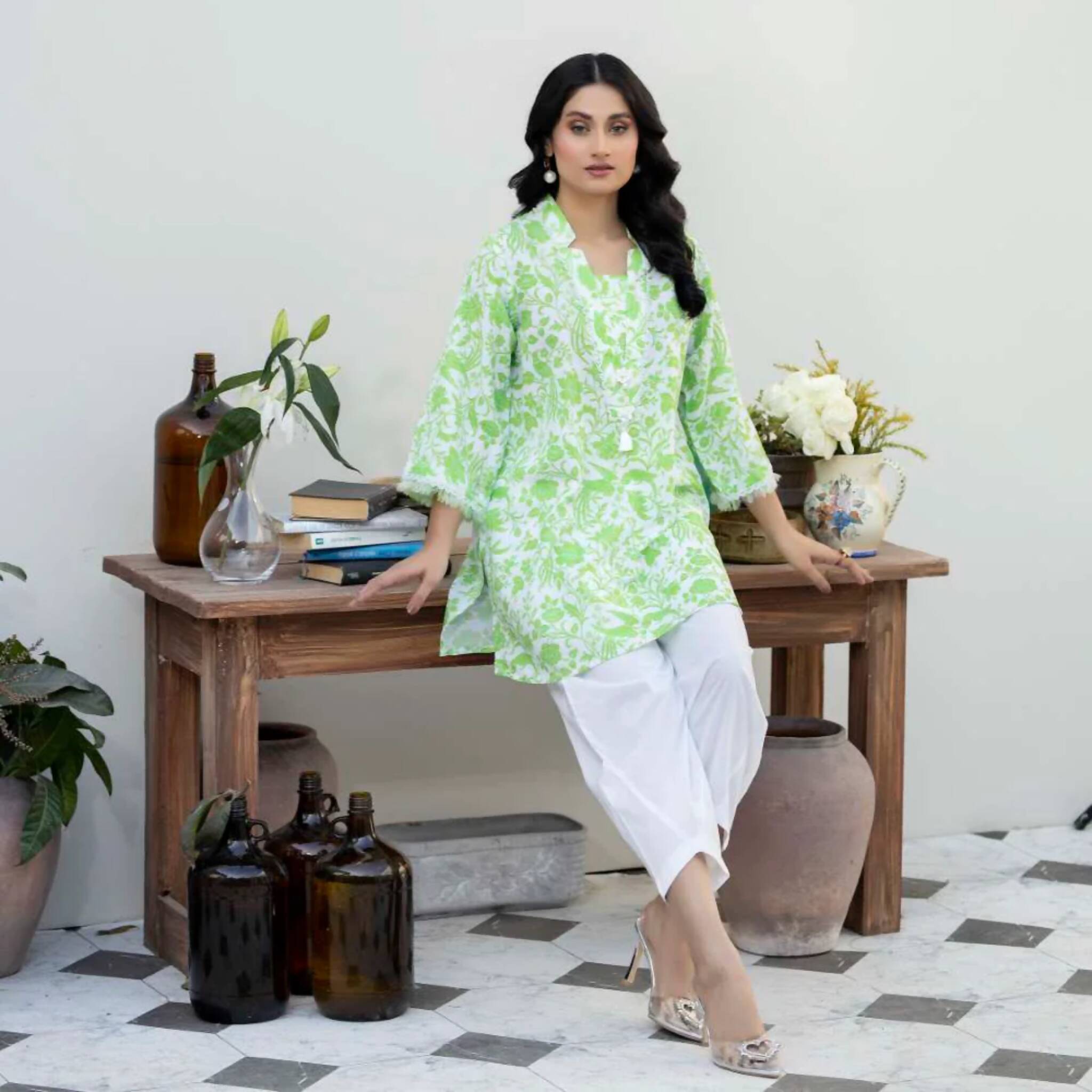 Shirt, Lively Green Ethnic Printed Viscose Lawn & Stylish Summer Fashion