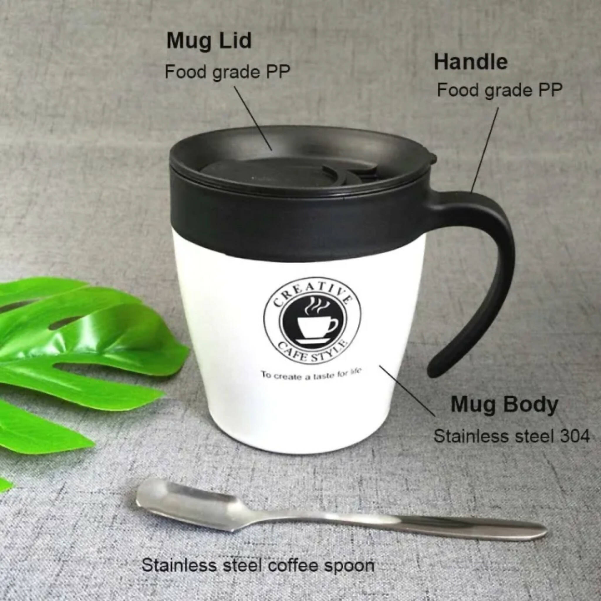 Coffee Mug, Travel Cup, Stainless Steel, with Lid, Spoon, and Handle