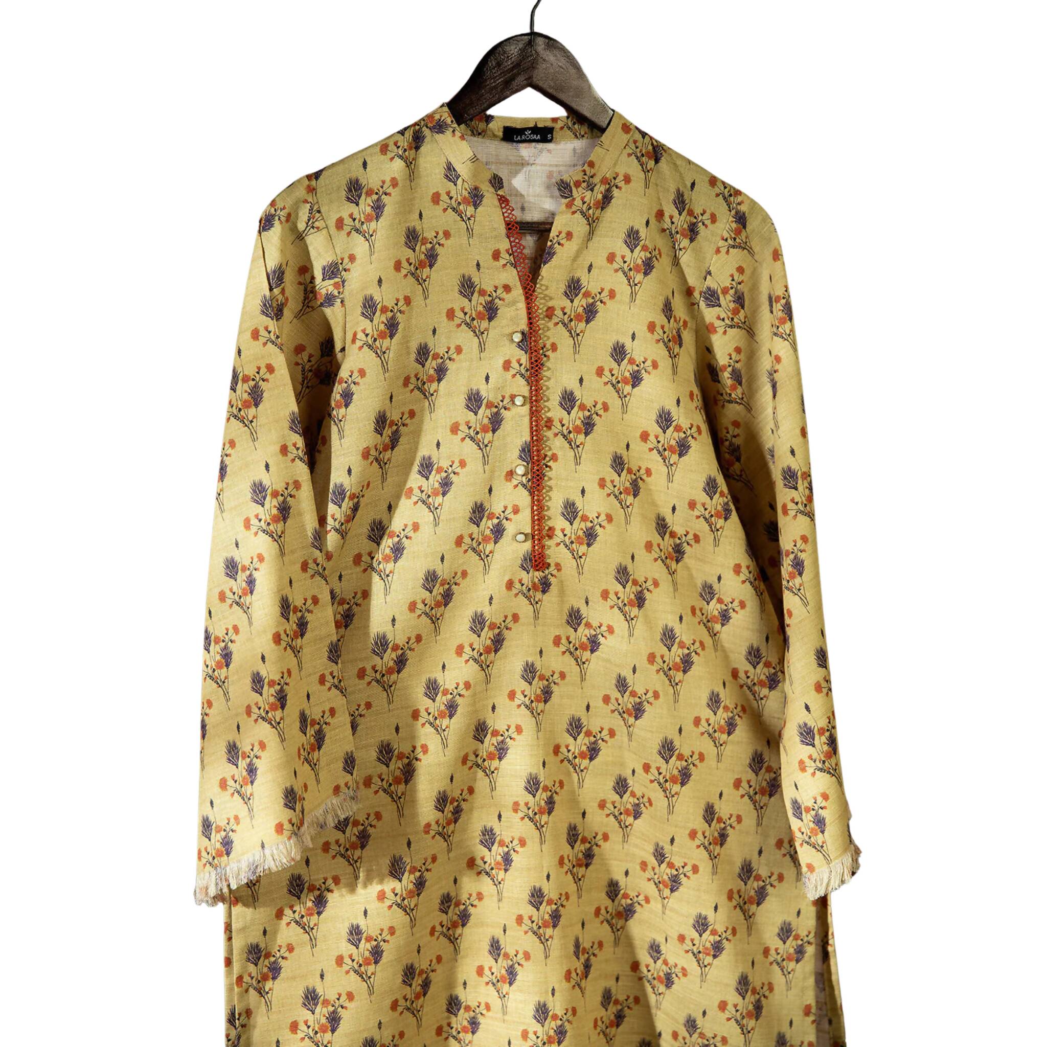 Khaddar Greenish Beige Shirt, Charming Floral Print, Orange Lace Accents, for Women