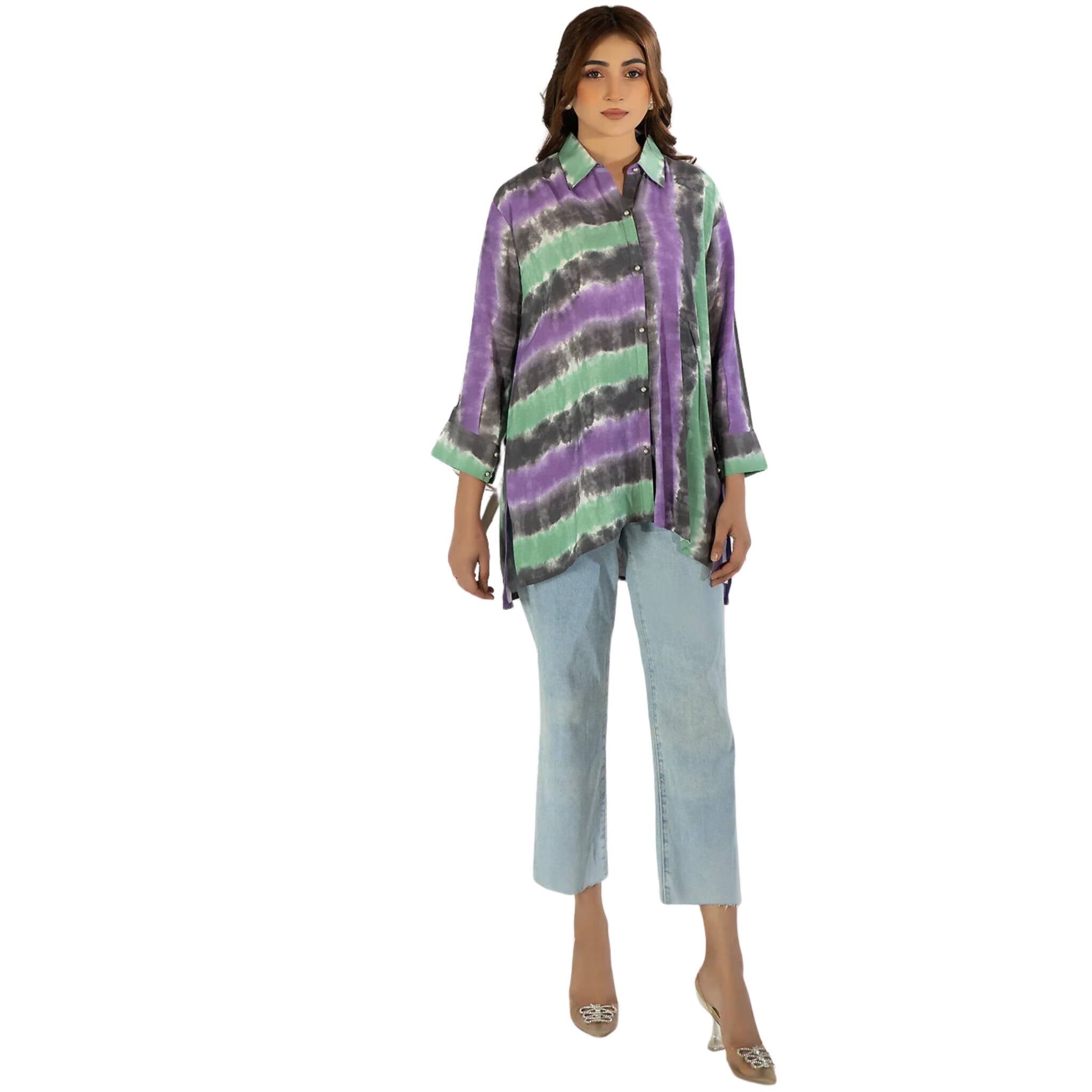 Shirt, Tie-Dye Georgette Button-Down in Grey, Purple, Green & White Hues, for Women