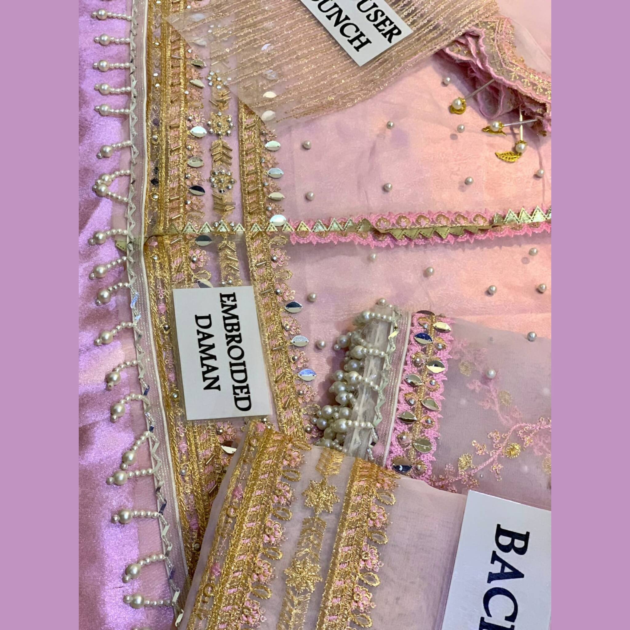 Unstitched Suit, Organza Elegance with Intricate Embroidery & Silk Trousers