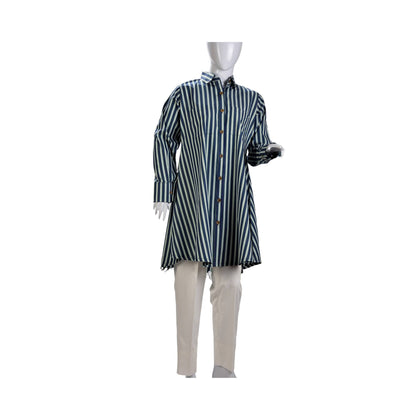 Shirt, Alluring Navy Blue & Green Striped Cotton, for Women