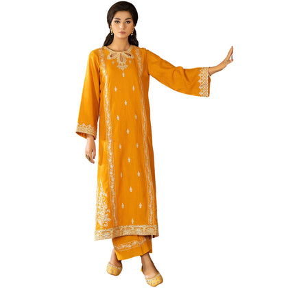 Suit, Mustard Embroidered 2Pc & Elegant Keyhole Neckline, for Stylish Sophistication