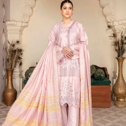 Unstitched Suit, Peach Leather Chikankaari Embroidered Material with Fancy Velvet Shawl
