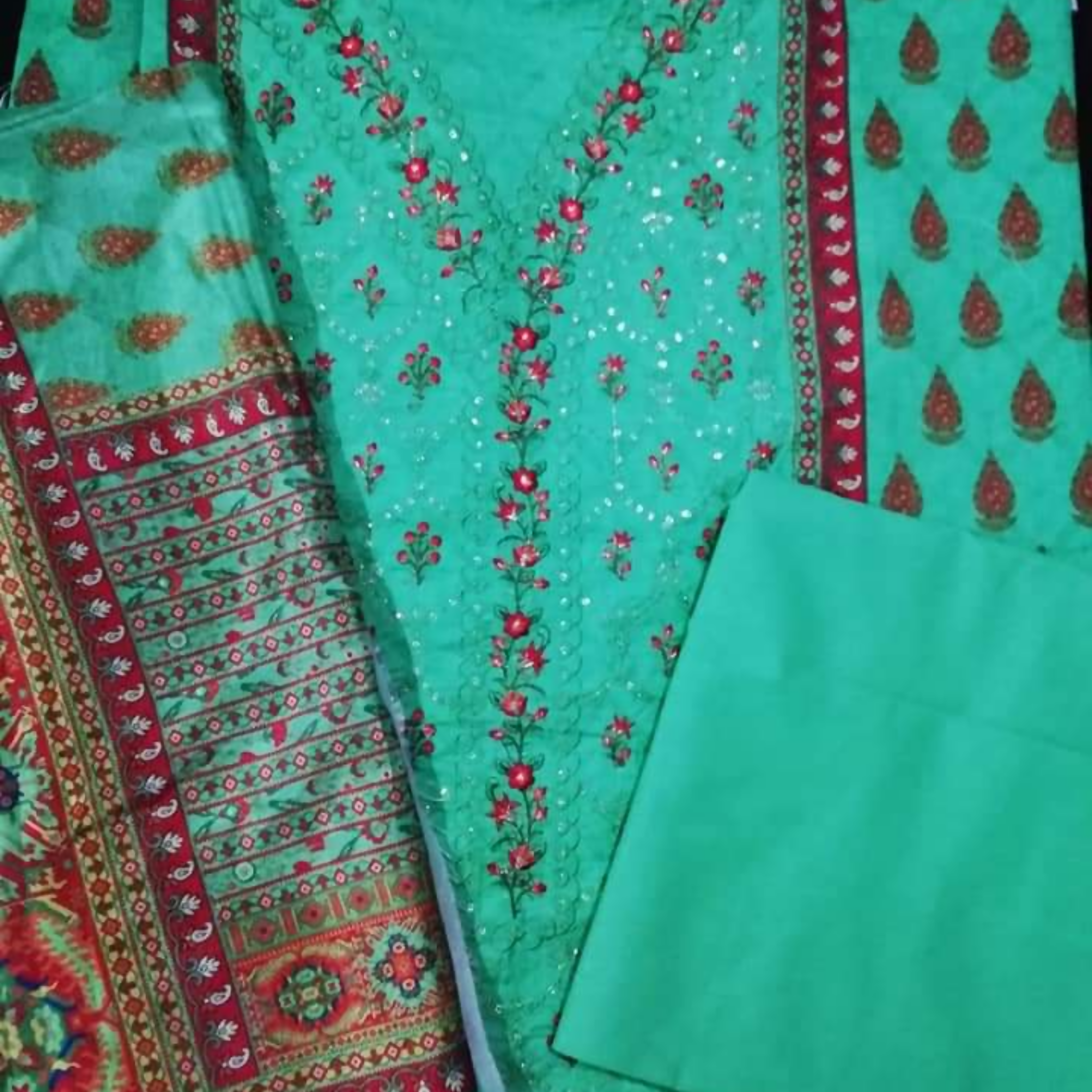 Embroidered Lawn Suit, Printed Dupatta, and Plain Trouser, for Women