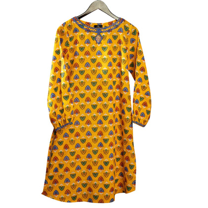 Distinctive Khaddar Shirt, Yellow-Green-Blue Motif, Keyhole Neckline, for Women